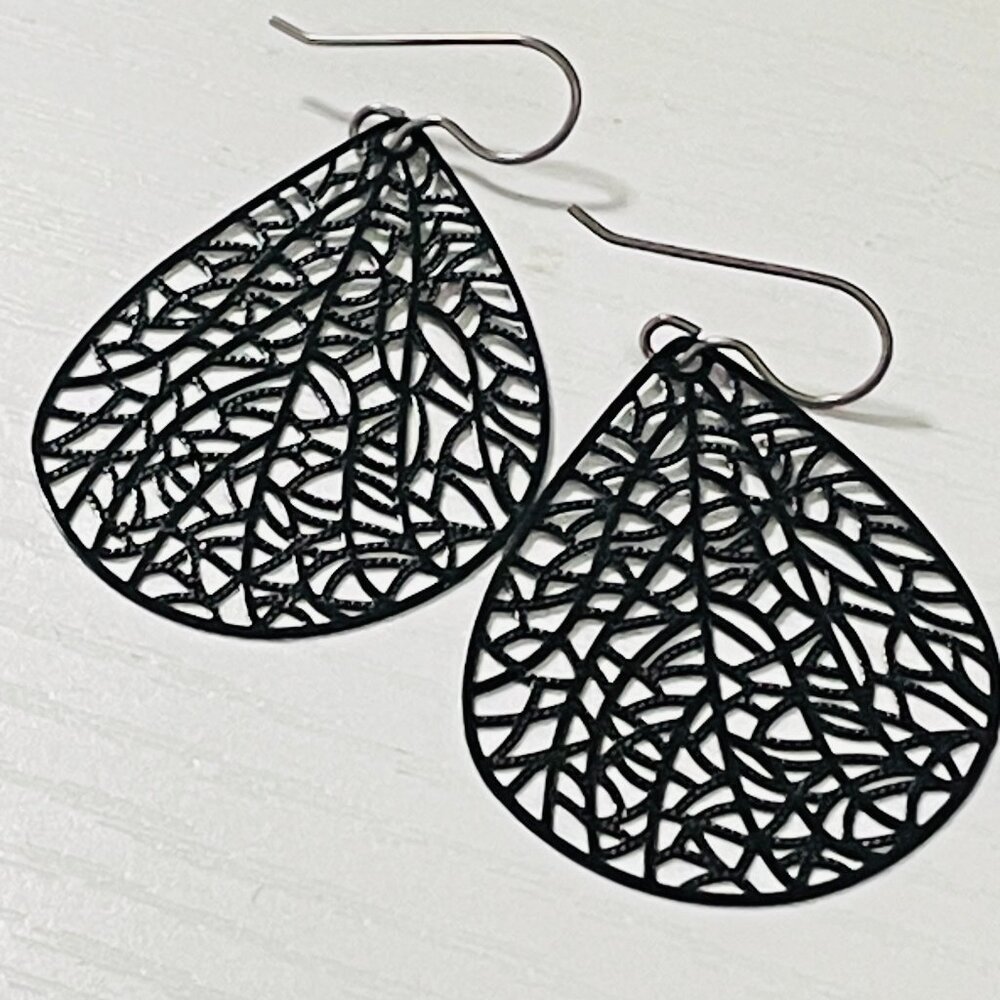 Black Cutout Teardrop Filigree Earrings Ultra Lightweight Bold Statement